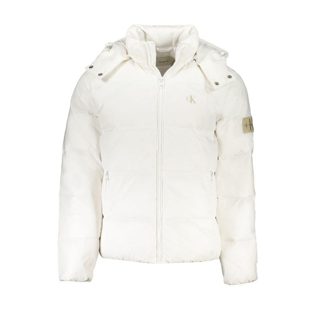 White Polyamide Men JacketExperience luxury with a sustainable edge in this Calvin Klein jacket, where fashion meets functionality without compromise. Make a statement in this sleek white piece, featuring a removable hood for versatility and a range of po