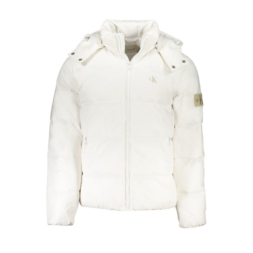 White Polyamide Men JacketExperience luxury with a sustainable edge in this Calvin Klein jacket, where fashion meets functionality without compromise. Make a statement in this sleek white piece, featuring a removable hood for versatility and a range of po