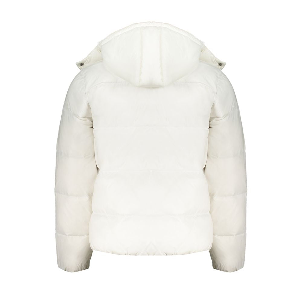 White Polyamide Men JacketExperience luxury with a sustainable edge in this Calvin Klein jacket, where fashion meets functionality without compromise. Make a statement in this sleek white piece, featuring a removable hood for versatility and a range of po