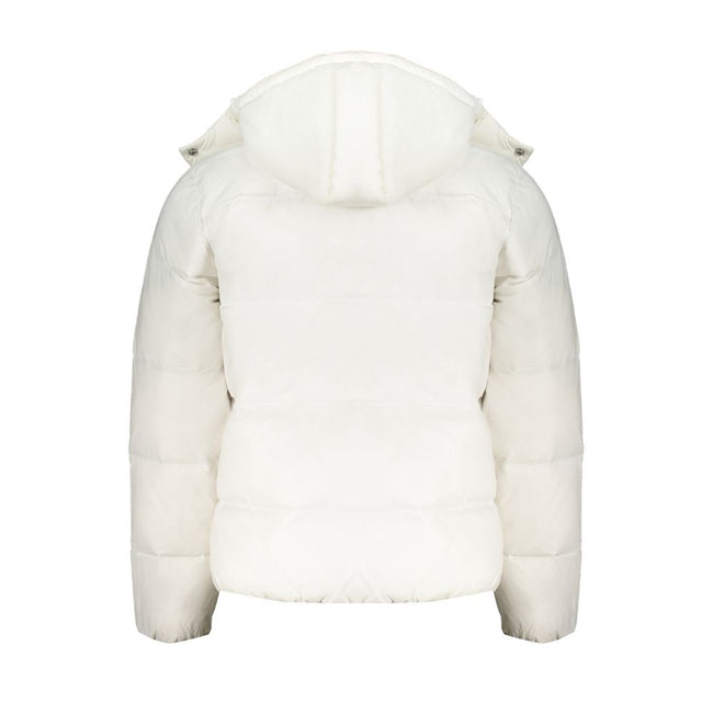 White Polyamide Men JacketExperience luxury with a sustainable edge in this Calvin Klein jacket, where fashion meets functionality without compromise. Make a statement in this sleek white piece, featuring a removable hood for versatility and a range of po