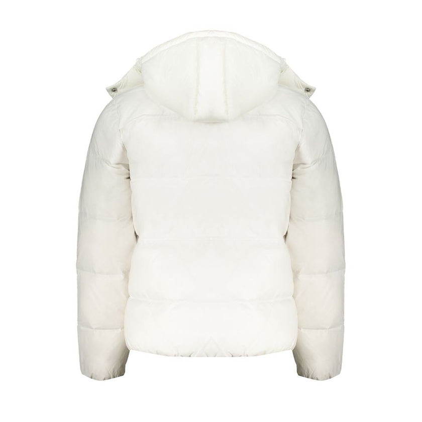 White Polyamide Men JacketExperience luxury with a sustainable edge in this Calvin Klein jacket, where fashion meets functionality without compromise. Make a statement in this sleek white piece, featuring a removable hood for versatility and a range of po