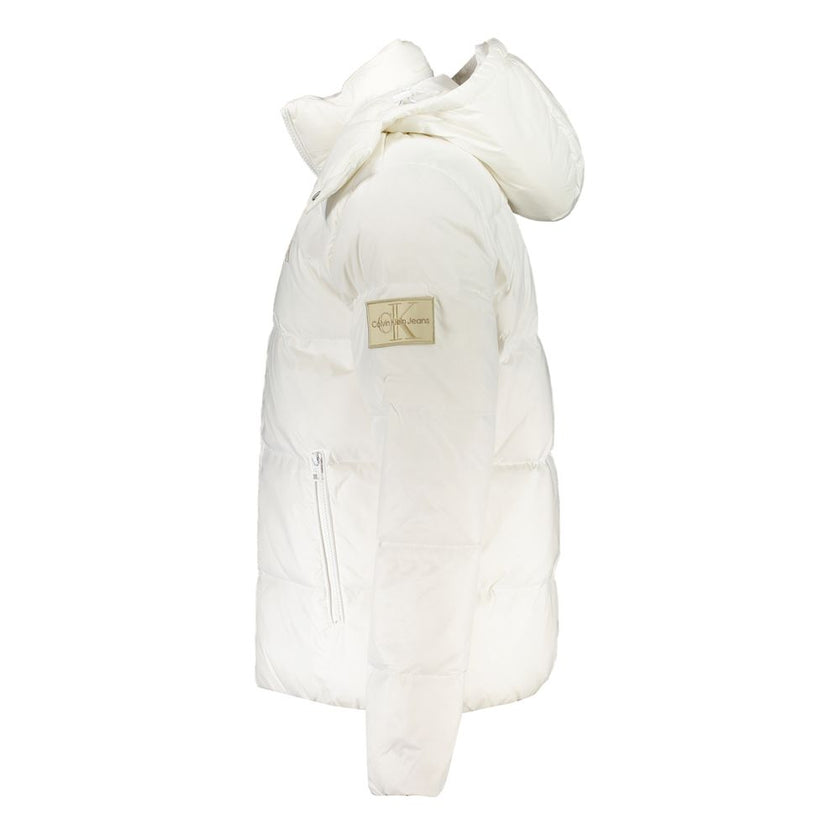 White Polyamide Men JacketExperience luxury with a sustainable edge in this Calvin Klein jacket, where fashion meets functionality without compromise. Make a statement in this sleek white piece, featuring a removable hood for versatility and a range of po