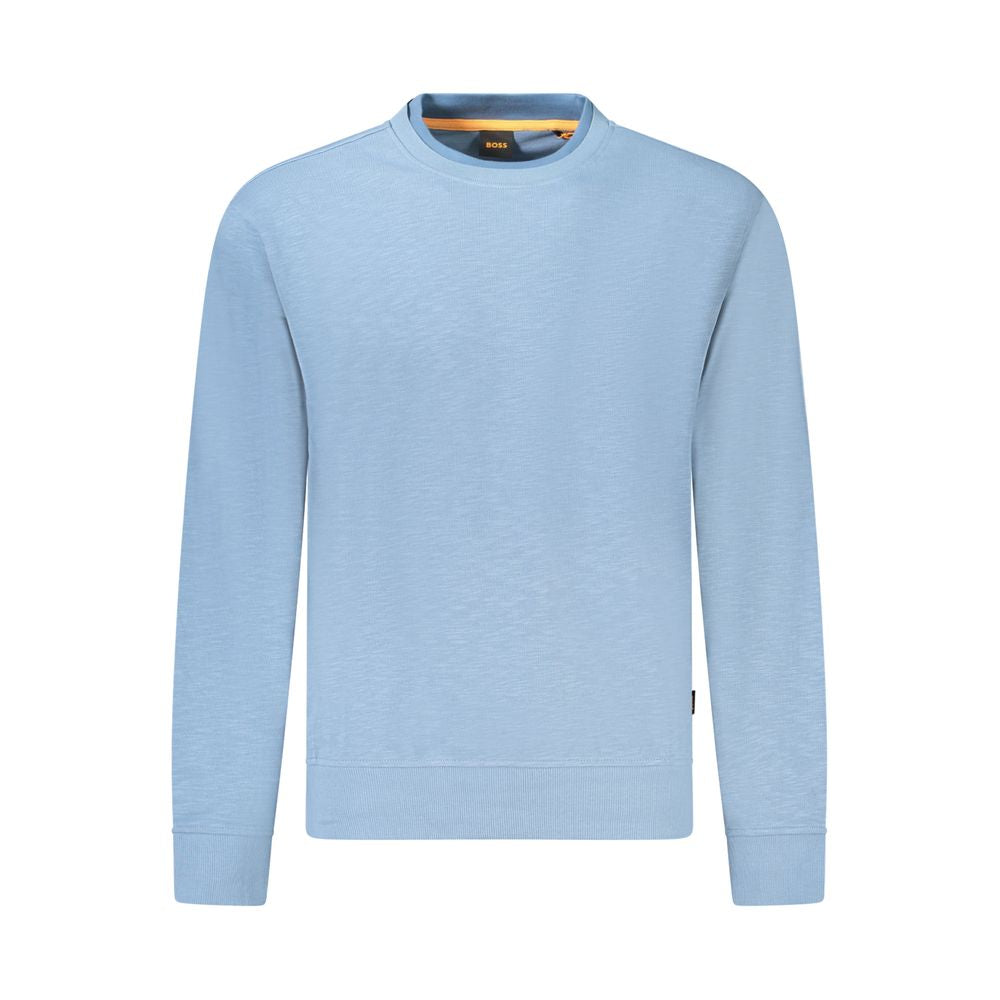 Blue Cotton Men SweaterElevate your style with a dash of sophistication in this Hugo Boss long sleeve sweatshirt. Impeccably crafted with the finest cotton for that luxurious feel, this crew neck masterpiece is a testament to understated elegance. Adorned