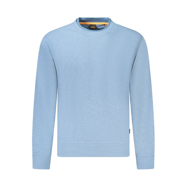 Blue Cotton Men SweaterElevate your style with a dash of sophistication in this Hugo Boss long sleeve sweatshirt. Impeccably crafted with the finest cotton for that luxurious feel, this crew neck masterpiece is a testament to understated elegance. Adorned