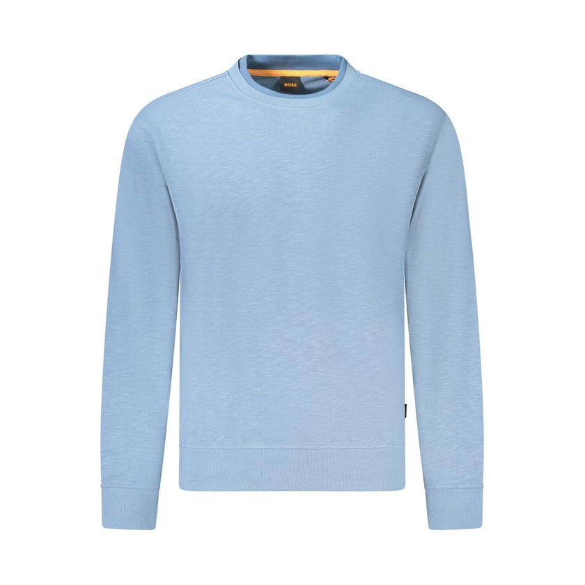 Blue Cotton Men SweaterElevate your style with a dash of sophistication in this Hugo Boss long sleeve sweatshirt. Impeccably crafted with the finest cotton for that luxurious feel, this crew neck masterpiece is a testament to understated elegance. Adorned