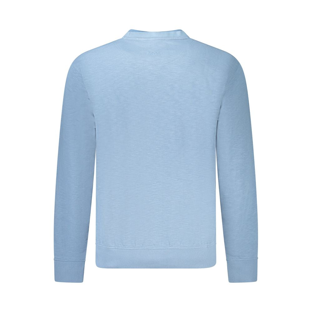 Blue Cotton Men SweaterElevate your style with a dash of sophistication in this Hugo Boss long sleeve sweatshirt. Impeccably crafted with the finest cotton for that luxurious feel, this crew neck masterpiece is a testament to understated elegance. Adorned