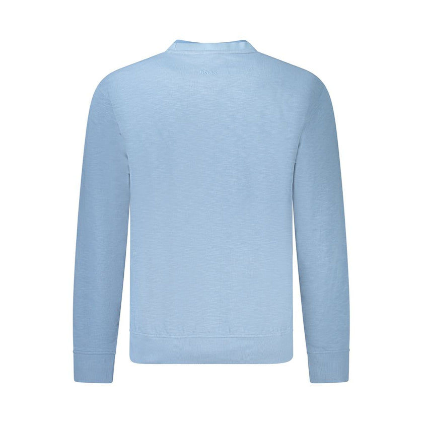Blue Cotton Men SweaterElevate your style with a dash of sophistication in this Hugo Boss long sleeve sweatshirt. Impeccably crafted with the finest cotton for that luxurious feel, this crew neck masterpiece is a testament to understated elegance. Adorned