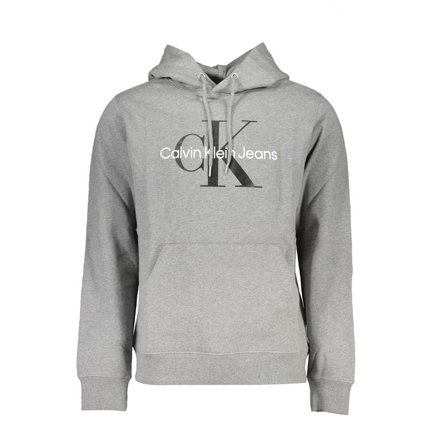 Gray Cotton Men SweaterElevate your casualwear with this sleek Calvin Klein long sleeve sweatshirt. The soft fleece interior ensures comfort, while the hood and central pocket add a functional touch. The standout Calvin Klein logo print makes a bold state