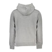 Gray Cotton Men SweaterElevate your casualwear with this sleek Calvin Klein long sleeve sweatshirt. The soft fleece interior ensures comfort, while the hood and central pocket add a functional touch. The standout Calvin Klein logo print makes a bold state