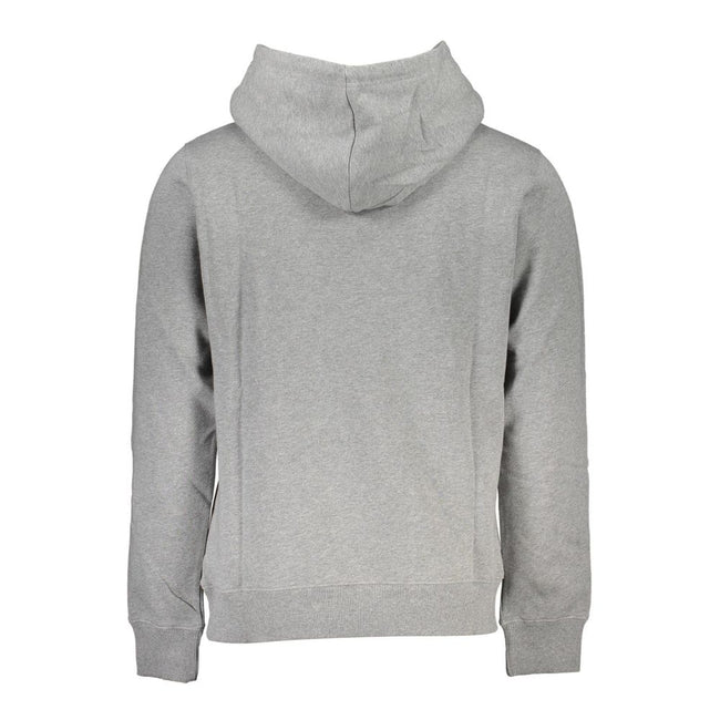 Gray Cotton Men SweaterElevate your casualwear with this sleek Calvin Klein long sleeve sweatshirt. The soft fleece interior ensures comfort, while the hood and central pocket add a functional touch. The standout Calvin Klein logo print makes a bold state