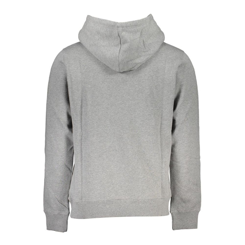 Gray Cotton Men SweaterElevate your casualwear with this sleek Calvin Klein long sleeve sweatshirt. The soft fleece interior ensures comfort, while the hood and central pocket add a functional touch. The standout Calvin Klein logo print makes a bold state