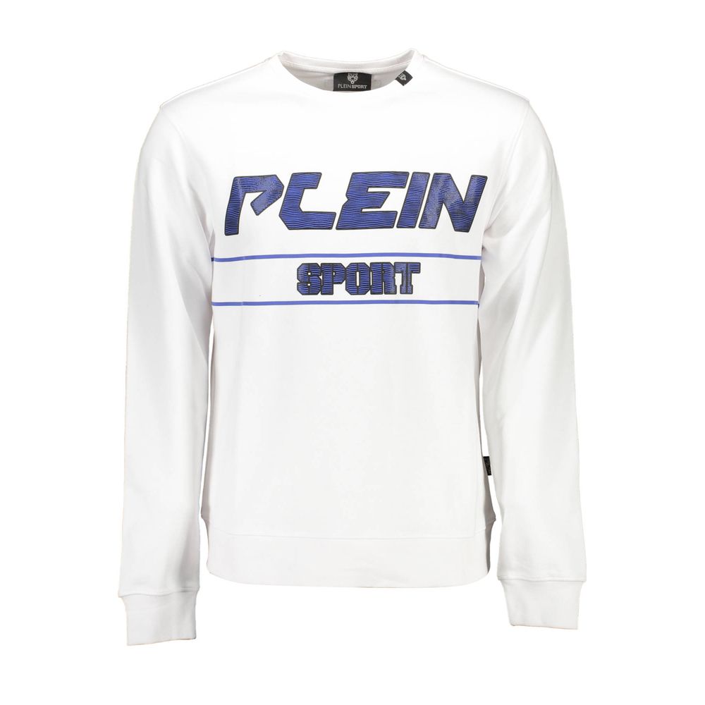 White Cotton Men SweaterUnleash your bold style with this striking Plein Sport sweatshirt. Envisioned for the fashion-forward who dare to stand out, it showcases a sleek, long sleeve design with a classic crew neck, amplified by audacious contrasting deta
