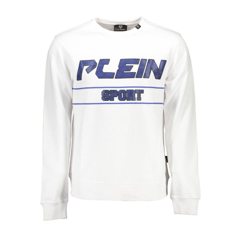 White Cotton Men SweaterUnleash your bold style with this striking Plein Sport sweatshirt. Envisioned for the fashion-forward who dare to stand out, it showcases a sleek, long sleeve design with a classic crew neck, amplified by audacious contrasting deta