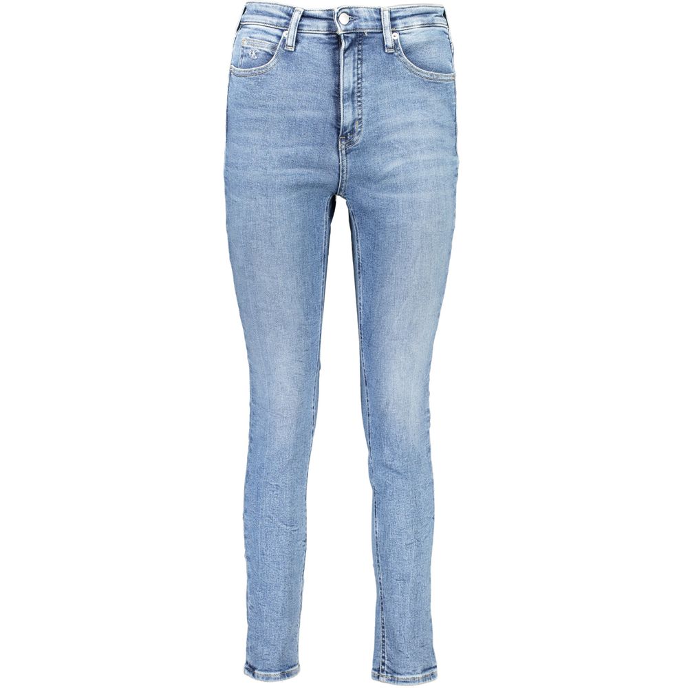 Blue Cotton Women JeansStep into chic sustainability with Calvin Klein’s high-rise skinny jeans, tailored for the trendsetter conscious of fashion and environment alike. With an elegant embroidery and the signature logo detail, these jeans are not just a