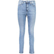 Blue Cotton Women JeansStep into chic sustainability with Calvin Klein’s high-rise skinny jeans, tailored for the trendsetter conscious of fashion and environment alike. With an elegant embroidery and the signature logo detail, these jeans are not just a