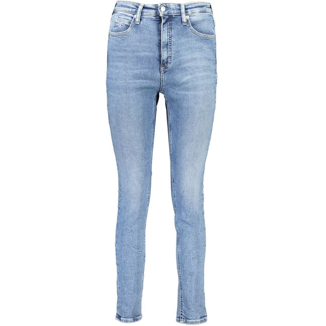 Blue Cotton Women JeansStep into chic sustainability with Calvin Klein’s high-rise skinny jeans, tailored for the trendsetter conscious of fashion and environment alike. With an elegant embroidery and the signature logo detail, these jeans are not just a