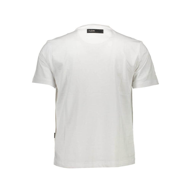White Cotton Men T-ShirtStep into the spotlight with this edgy Plein Sport tee that exudes confidence and modernity. Perfect for those who make bold fashion statements, this short sleeve T-shirt boasts a standout print complemented by striking contrasting