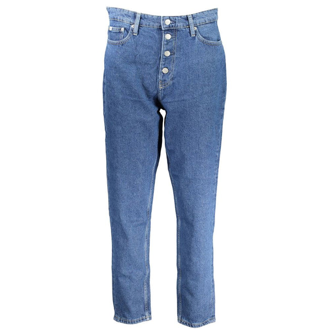 Blue Cotton Women JeansEmbrace the quintessential ’90s vibe with Calvin Klein’s reinvented denim classic—MOM JEANS. Tailored for the fashion-forward, these jeans feature 5 utilitarian pockets paired with button details exuding an inherently cool aesthetic