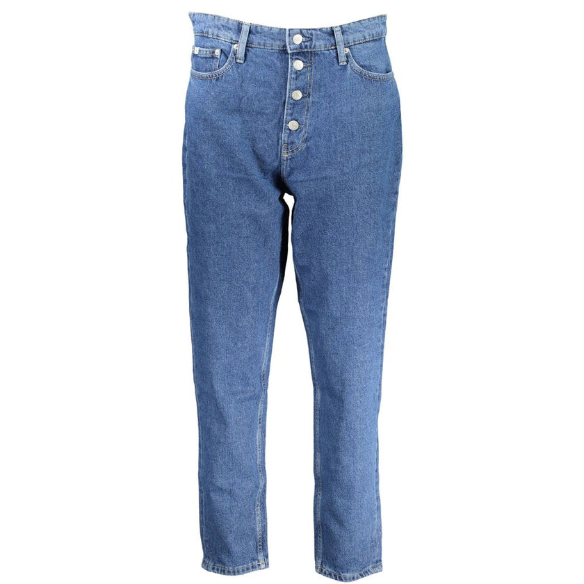 Blue Cotton Women JeansEmbrace the quintessential ’90s vibe with Calvin Klein’s reinvented denim classic—MOM JEANS. Tailored for the fashion-forward, these jeans feature 5 utilitarian pockets paired with button details exuding an inherently cool aesthetic