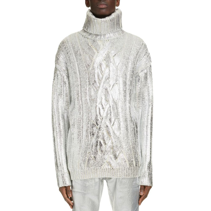 Brown Wool Men Turtleneck SweaterExperience the epitome of opulence with Balmain’s turtleneck sweater, masterfully crafted from a blend of virgin wool and lyocell. Its metallic-effect cable knit illuminates with every turn, while the stylishly dropped sho