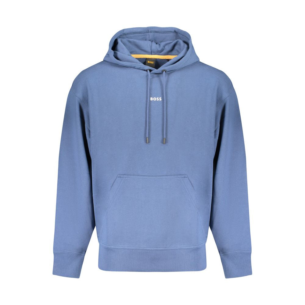 Blue Cotton Men SweaterIndulge in the epitome of casual luxury with this Hugo Boss long-sleeved, hooded sweatshirt. Brushed for that extra soft touch and featuring a sleek, central pocket, this piece is accented by a bold print and the unmistakable Hugo B