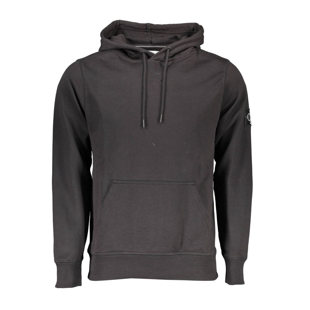 Black Cotton Men Sweater with Central Pocket and HoodExperience the epitome of sleek comfort wrapped in the timeless design of Calvin Klein. This black hooded sweatshirt embodies contemporary style with its bold logo application — a statement piece that e