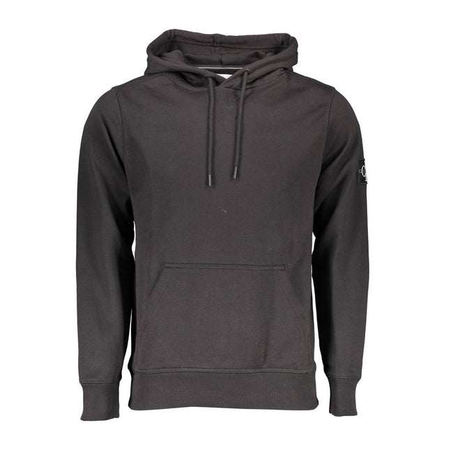 Black Cotton Men Sweater with Central Pocket and HoodExperience the epitome of sleek comfort wrapped in the timeless design of Calvin Klein. This black hooded sweatshirt embodies contemporary style with its bold logo application — a statement piece that e