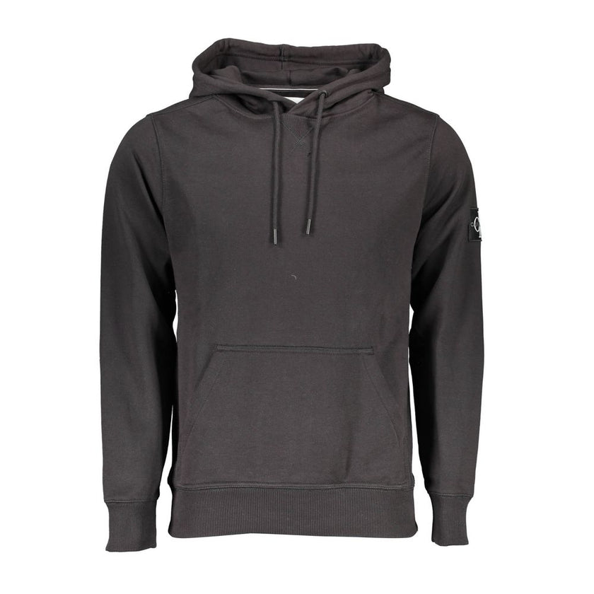 Black Cotton Men Sweater with Central Pocket and HoodExperience the epitome of sleek comfort wrapped in the timeless design of Calvin Klein. This black hooded sweatshirt embodies contemporary style with its bold logo application — a statement piece that e