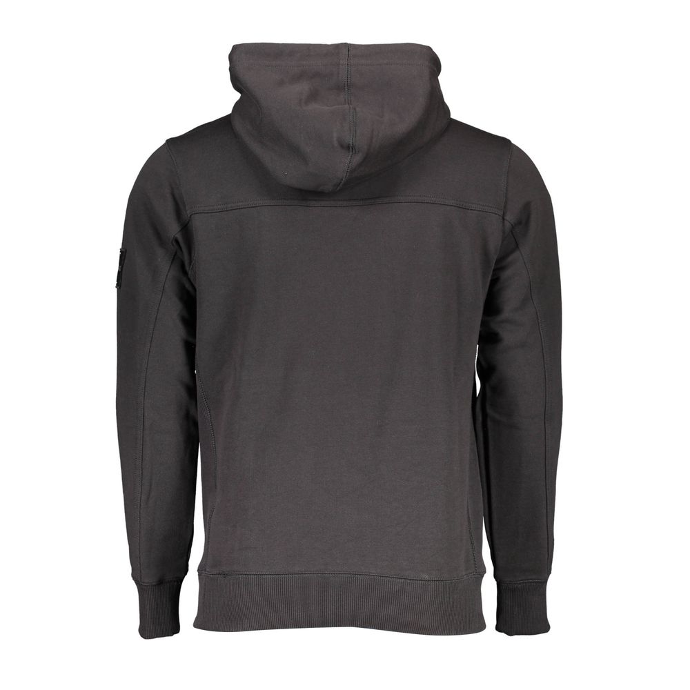 Black Cotton Men Sweater with Central Pocket and HoodExperience the epitome of sleek comfort wrapped in the timeless design of Calvin Klein. This black hooded sweatshirt embodies contemporary style with its bold logo application — a statement piece that e