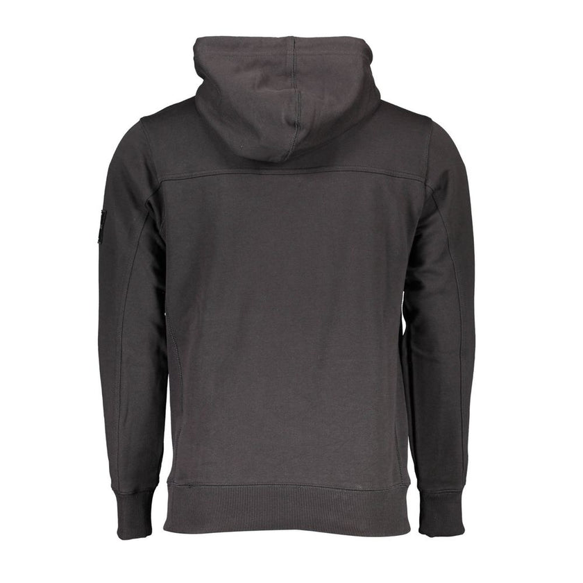 Black Cotton Men Sweater with Central Pocket and HoodExperience the epitome of sleek comfort wrapped in the timeless design of Calvin Klein. This black hooded sweatshirt embodies contemporary style with its bold logo application — a statement piece that e