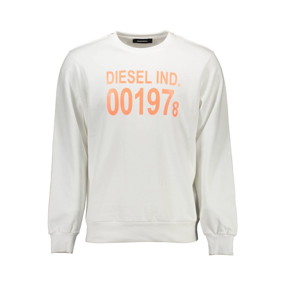 White Cotton Men SweaterEmbrace the urban edge with Diesel’s crisp white long sleeve sweatshirt. This crew neck masterpiece exudes contemporary style, adorned with an eye-catching print and the signature Diesel logo. Crafted from premium cotton to keep yo