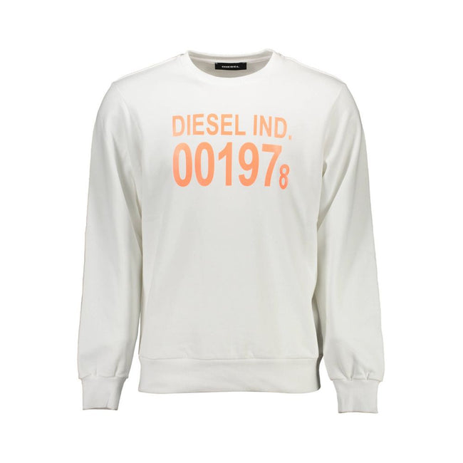 White Cotton Men SweaterEmbrace the urban edge with Diesel’s crisp white long sleeve sweatshirt. This crew neck masterpiece exudes contemporary style, adorned with an eye-catching print and the signature Diesel logo. Crafted from premium cotton to keep yo