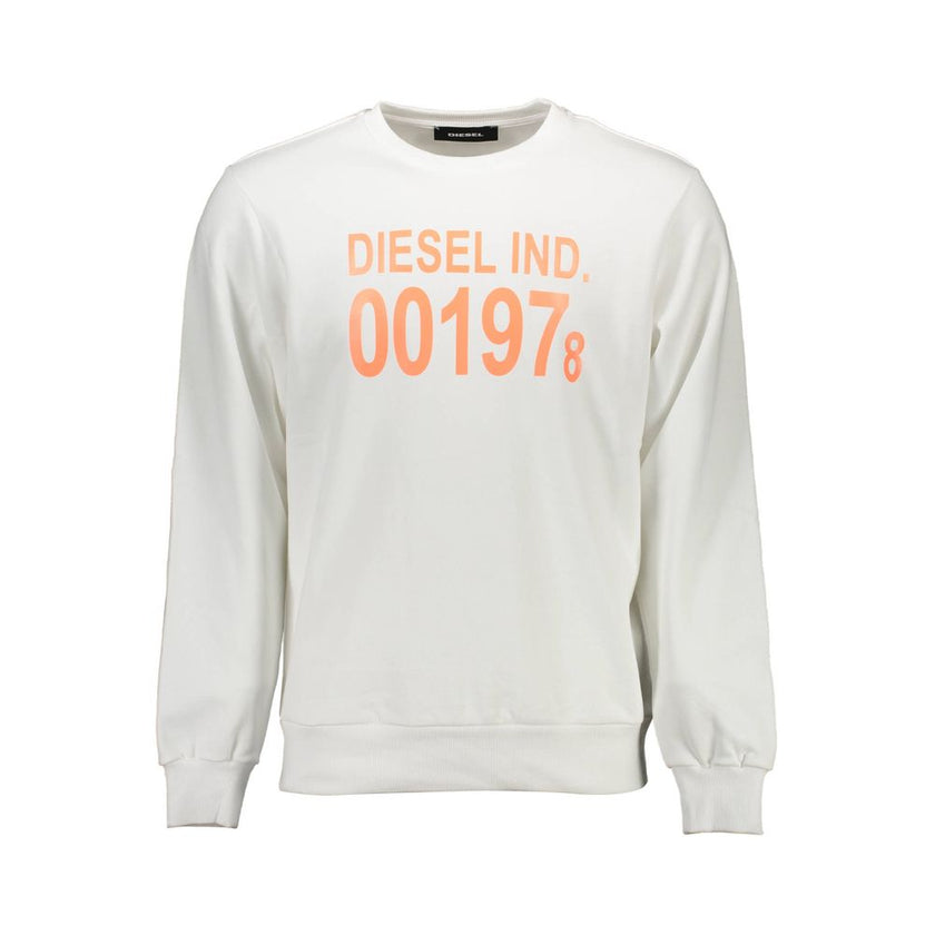 White Cotton Men SweaterEmbrace the urban edge with Diesel’s crisp white long sleeve sweatshirt. This crew neck masterpiece exudes contemporary style, adorned with an eye-catching print and the signature Diesel logo. Crafted from premium cotton to keep yo