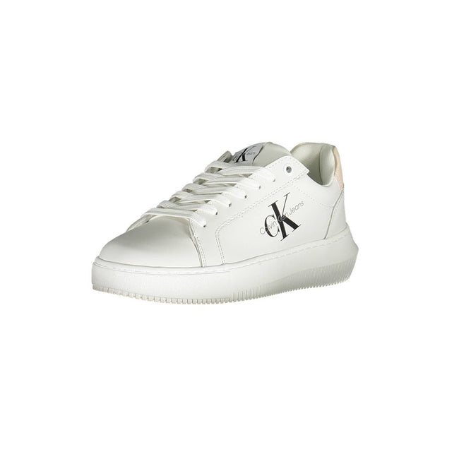 White Polyester Women SneakerElevate your sneaker game with Calvin Klein’s exquisite fusion of sustainability and style. These lace-up sports shoes feature eye-catching contrasting details and the iconic Calvin Klein logo, all crafted from 50% recycled po