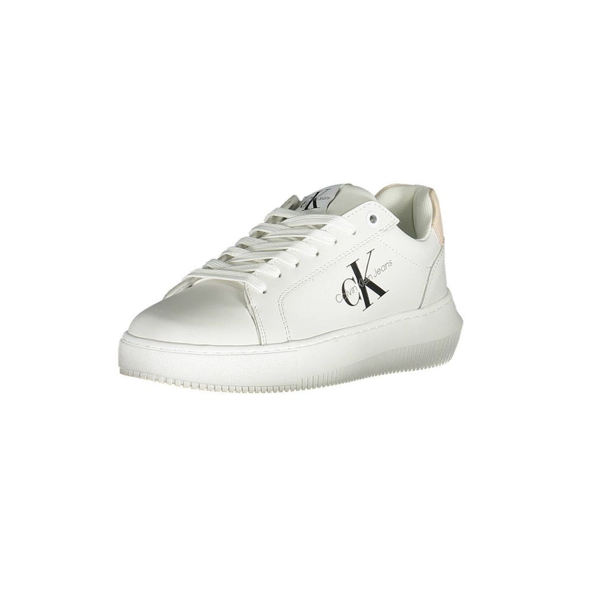 White Polyester Women SneakerElevate your sneaker game with Calvin Klein’s exquisite fusion of sustainability and style. These lace-up sports shoes feature eye-catching contrasting details and the iconic Calvin Klein logo, all crafted from 50% recycled po