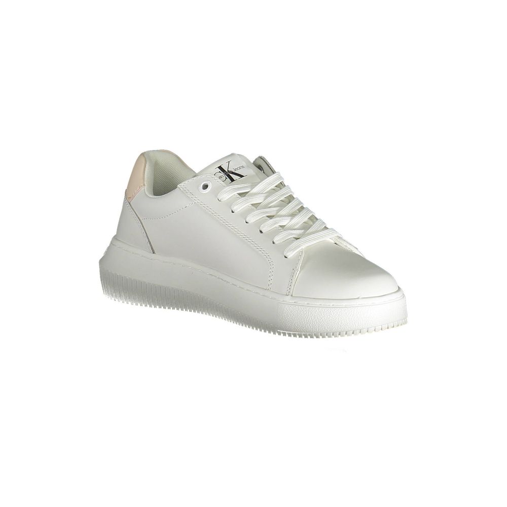 White Polyester Women SneakerElevate your sneaker game with Calvin Klein’s exquisite fusion of sustainability and style. These lace-up sports shoes feature eye-catching contrasting details and the iconic Calvin Klein logo, all crafted from 50% recycled po