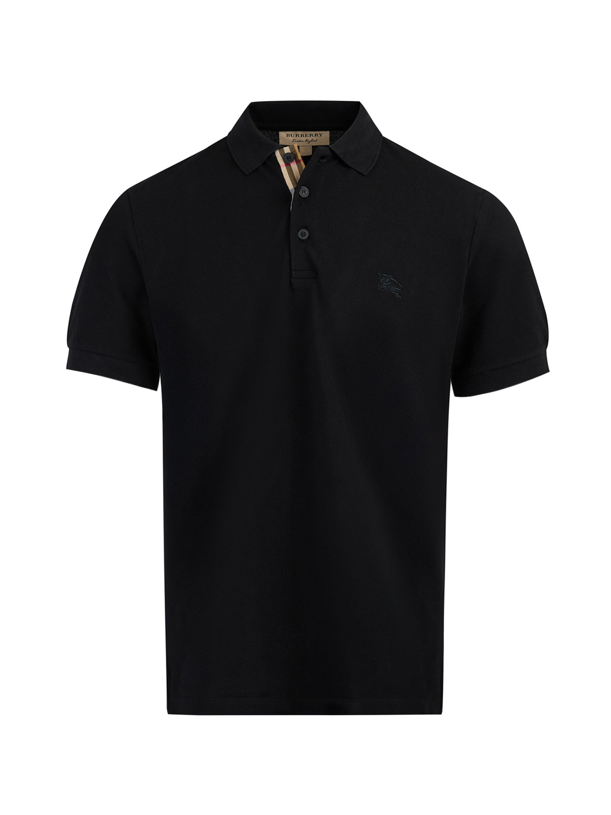 Black Cotton Collared Polo ShirtBURBERRY Gorgeous brand new, Black Cotton Collared Polo Shirt Art#: 8000913 Model: Short sleeve Polo Shirt Colour: Black Material: 100% Cotton Fitting: Regular Fit Logo details Made in ThailandBlack Cotton Collared Polo Shi