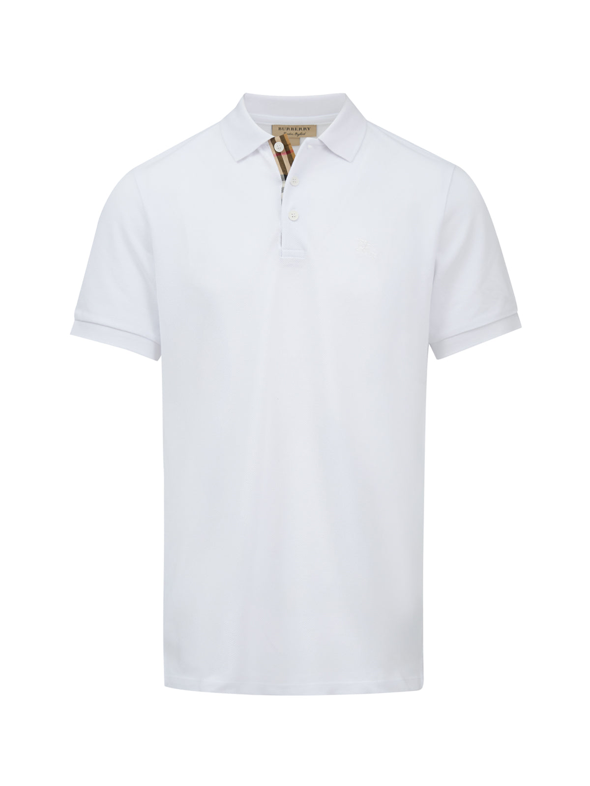 White Cotton Collared Polo ShirtBURBERRY Gorgeous brand new, White Cotton Collared Polo Shirt Art#: 8000919 Model: Short sleeve Polo Shirt Colour: White Material: 100% Cotton Fitting: Regular Fit Logo details Made in ThailandWhite Cotton Collared Polo Shi