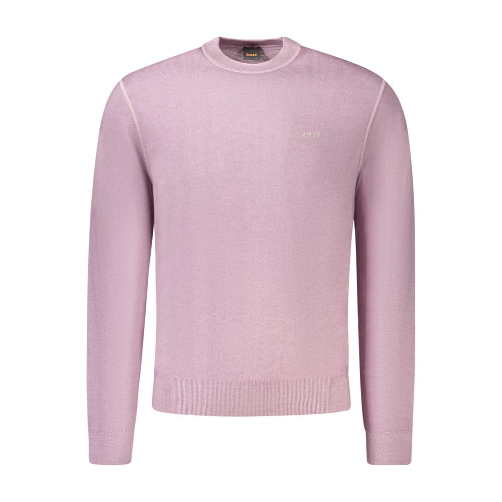 Purple Wool Men SweaterStep into the realm of sophistication with this Hugo Boss long-sleeved t-shirt. Crafted with the finest 100% wool, this crew neck marvel boasts sleek embroidery that showcases the iconic logo in a statement of pure luxury. Its rich