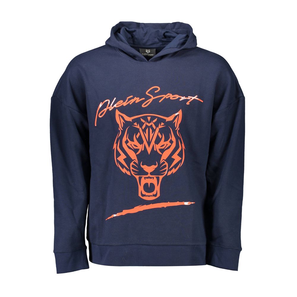 Blue Cotton Men SweaterElevate your streetwear with this bold blue Plein Sport hoodie. A confident blend of comfort and style, it showcases the brand’s flair for impactful design with eye-catching applique and contrasting details. Crafted from a superior