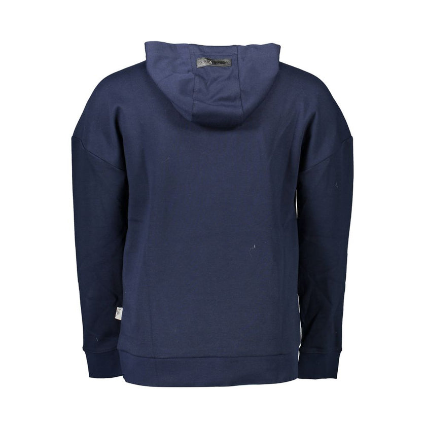 Blue Cotton Men SweaterElevate your streetwear with this bold blue Plein Sport hoodie. A confident blend of comfort and style, it showcases the brand’s flair for impactful design with eye-catching applique and contrasting details. Crafted from a superior