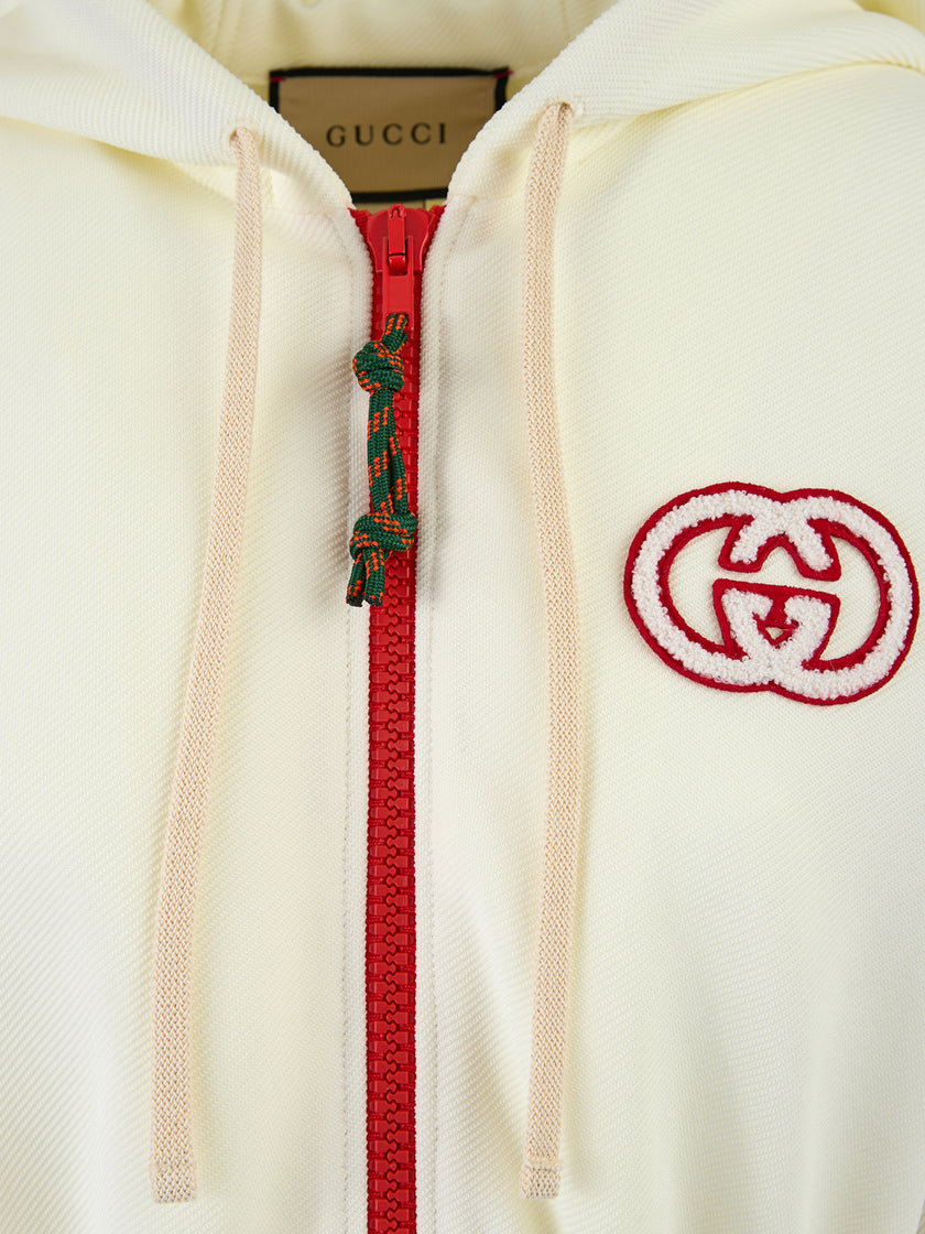 Cream Polyester Hooded Logo SweatsuitGUCCI Gorgeous brand new, 100% Authentic Gucci Hooded Logo Sweatsuit. Model: Sweatsuit Material: Polyester Color: Cream Logo details Made in Italy Very exclusive and high craftsmanshipCream Polyester Hooded Logo Sweats