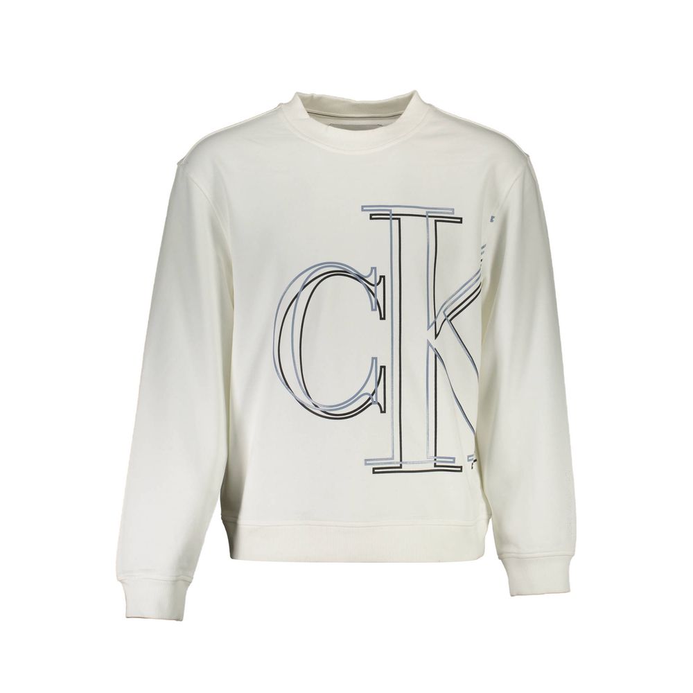 White Cotton Men SweaterElevate your casual wear with this sophisticated and sleek Calvin Klein sweatshirt. Crafted with the finest cotton, this long-sleeved gem features a classic round neck design, finished with a bold print and the iconic Calvin Klein
