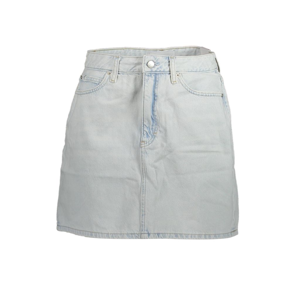 Light Blue Cotton Women SkirtElevate your wardrobe with the chic and timeless appeal of Calvin Klein. This short denim skirt epitomizes effortless style with its light blue wash and subtly edgy washed effect. Boasting a classic 5-pocket design, this skirt