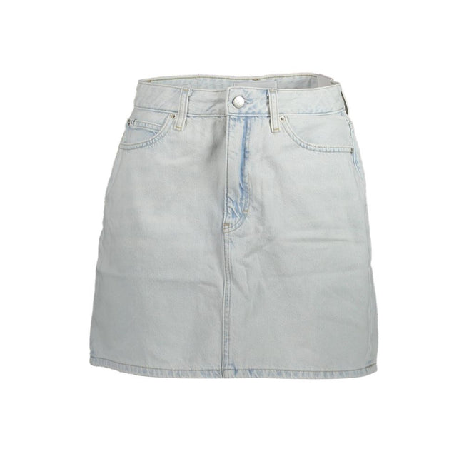 Light Blue Cotton Women SkirtElevate your wardrobe with the chic and timeless appeal of Calvin Klein. This short denim skirt epitomizes effortless style with its light blue wash and subtly edgy washed effect. Boasting a classic 5-pocket design, this skirt