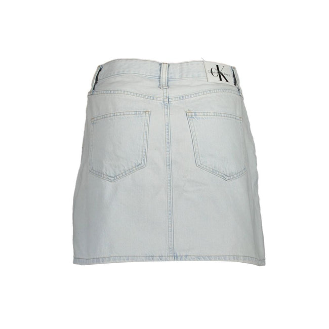 Light Blue Cotton Women SkirtElevate your wardrobe with the chic and timeless appeal of Calvin Klein. This short denim skirt epitomizes effortless style with its light blue wash and subtly edgy washed effect. Boasting a classic 5-pocket design, this skirt