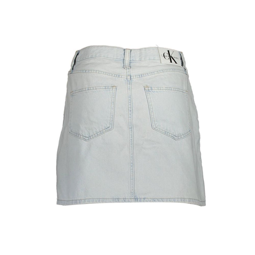 Light Blue Cotton Women SkirtElevate your wardrobe with the chic and timeless appeal of Calvin Klein. This short denim skirt epitomizes effortless style with its light blue wash and subtly edgy washed effect. Boasting a classic 5-pocket design, this skirt