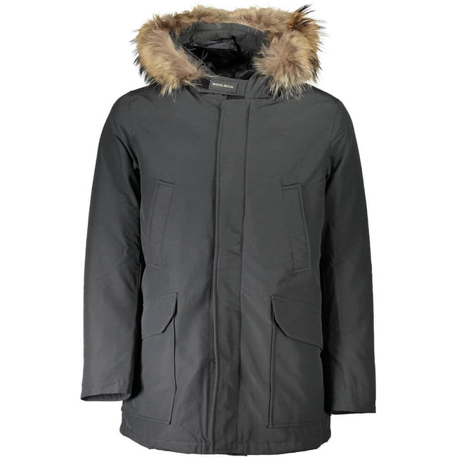 Gray Cotton Men's JacketExperience the perfect blend of form and function with this Woolrich long-sleeved parka. A true symphony of style and utility, this gray parka boasts a cozy hood with removable fur, tailored to shield you from the elements without