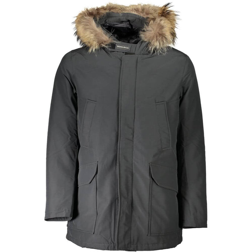 Gray Cotton Men's JacketExperience the perfect blend of form and function with this Woolrich long-sleeved parka. A true symphony of style and utility, this gray parka boasts a cozy hood with removable fur, tailored to shield you from the elements without