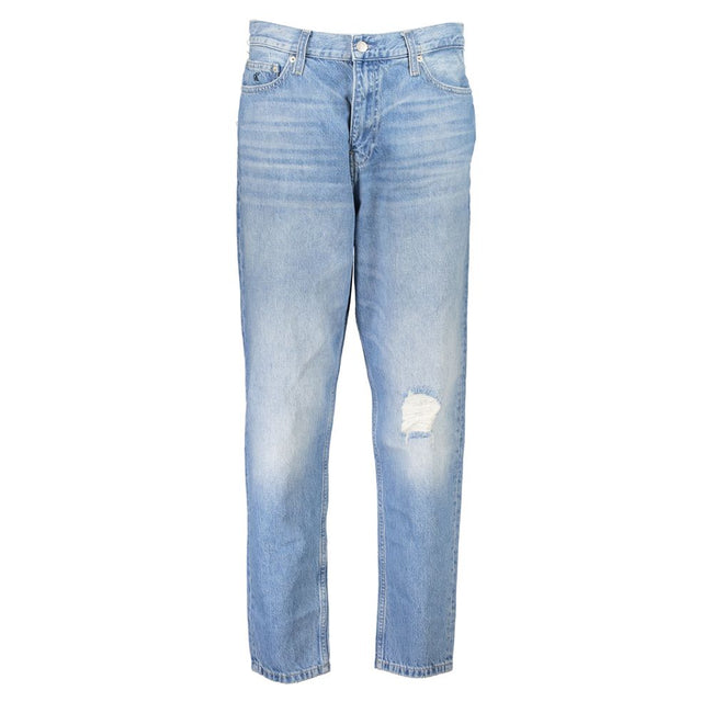 Blue Cotton Women JeansDiscover the quintessence of vintage flair with Calvin Klein’s iconic MOM Jeans. Tailored for the trendsetters, these jeans feature a classic five-pocket design blended with a washed and worn effect that exudes an effortlessly chic